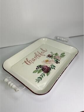 Farmhouse “Thankful” Metal Serving Tray Floral Rustic Decor
